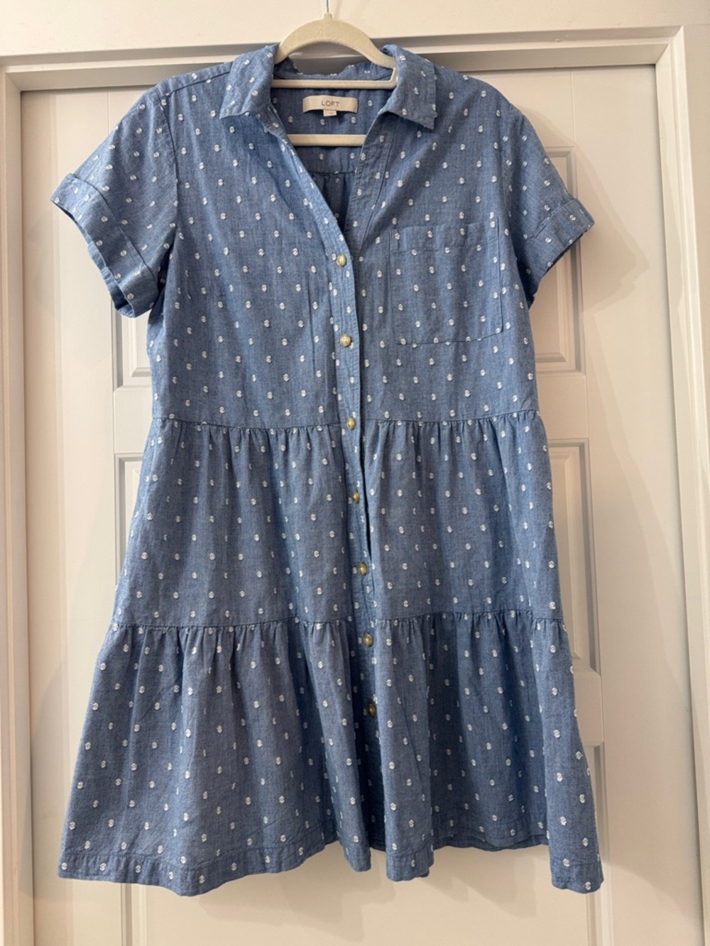 LOFT Light Blue Dot Tiered Button-Front Dress